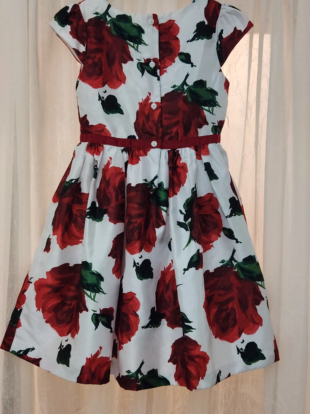 Gymboree White Dress with Red Rose Print & Green Leaves, Sz 5, EPreLC